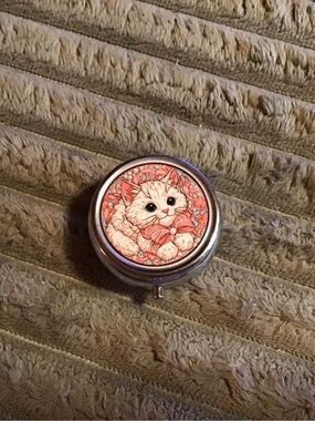 Cute Cat Pill Box with Pink Floral Art